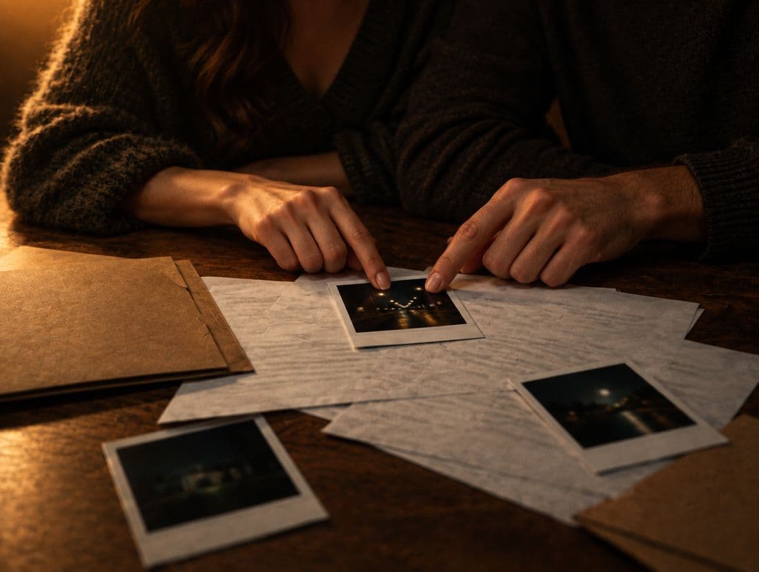 Dvoje za stolom pokazuju na istu fotografiju među papirima